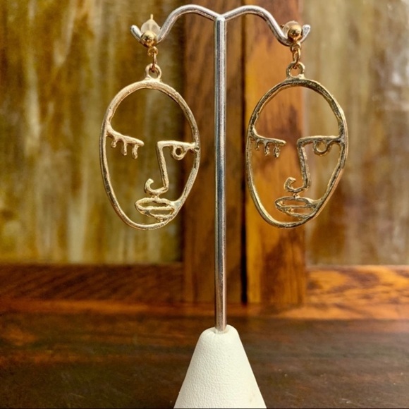 Gold Tone Stainless Steel Face Dangle Drop Earrings for Women Open Eye Wink - Picture 3 of 4